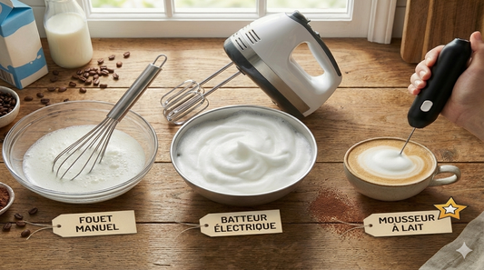 Comparatif visuel des résultats : Fouet manuel, Batteur électrique et Mousseur à lait.