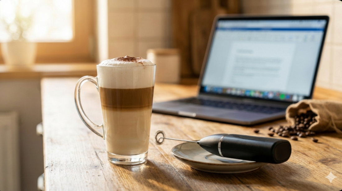 Latte Macchiato fait maison dans un verre avec le mousseur à lait électrique posé à côté.
