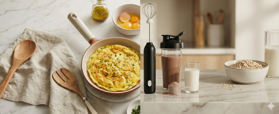 Utilisation du mousseur à lait pour battre des œufs en omelette et mélanger des protéines.