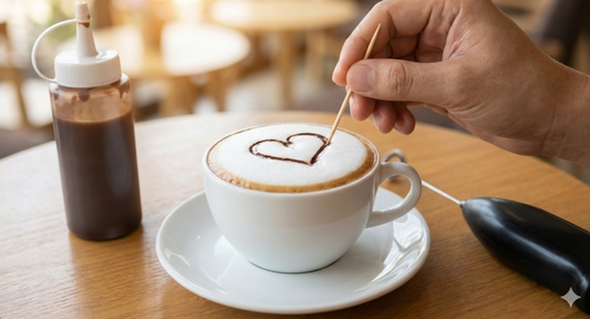 Cappuccino avec un dessin en chocolat sur la mousse, réalisé avec un mousseur électrique et un cure-dent.