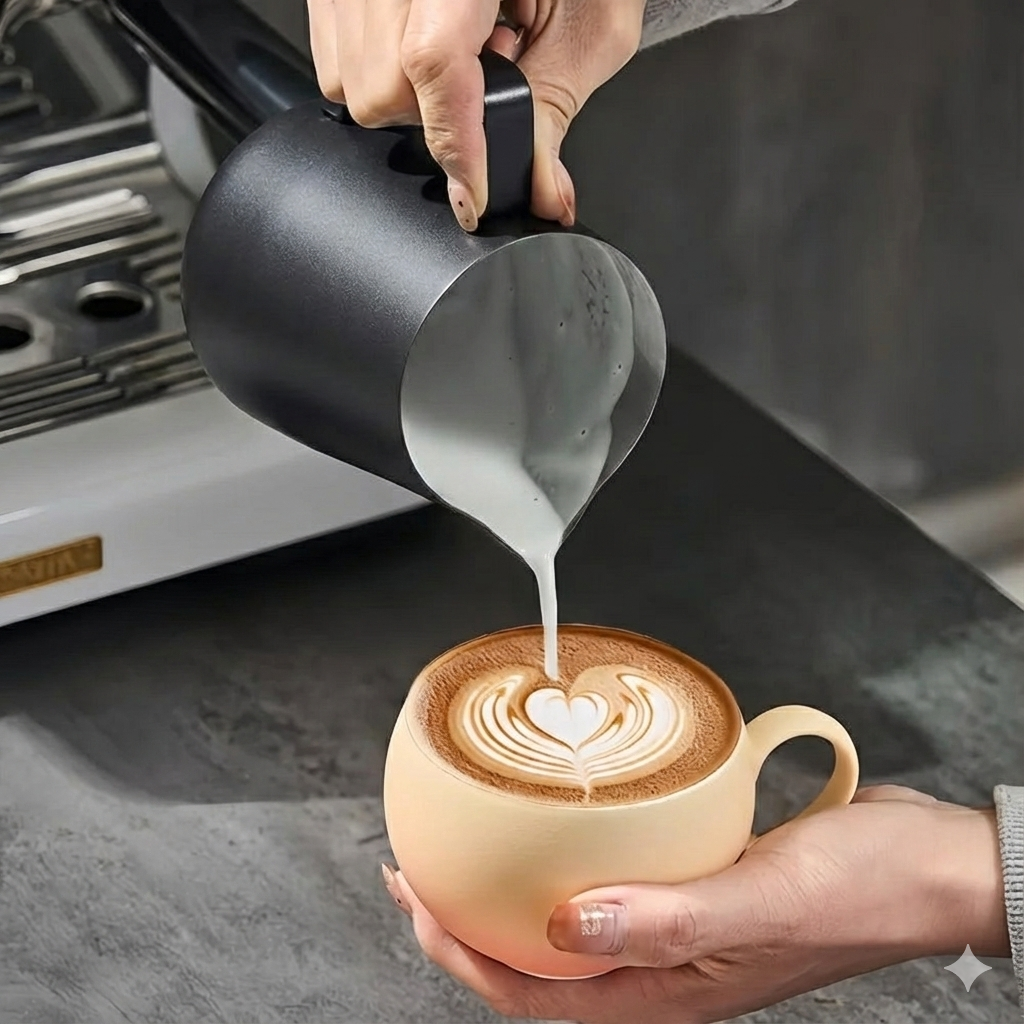 Cappuccino avec dessin Latte Art en forme de cœur sur une mousse de lait onctueuse