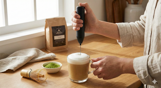 Démonstration utilisation mousseur à lait électrique dans une tasse pour obtenir une mousse onctueuse.