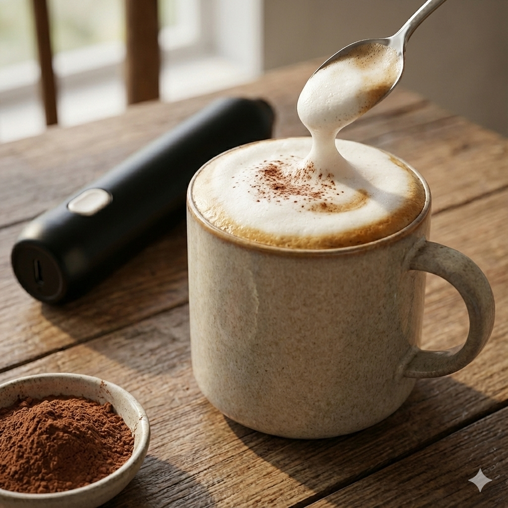 Mousse de lait onctueuse cappuccino réalisée avec mousseur électrique sans fil