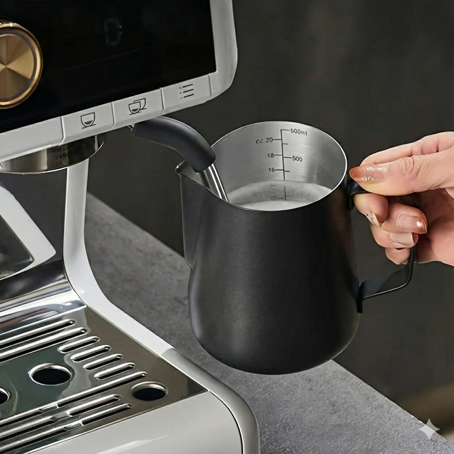 Pichet à lait noir mat en inox posé sur le plateau d'une machine à café expresso